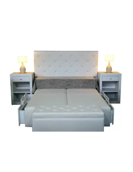 Box de Sommier Con Cajones + Respaldo Maceio + Mesas de Luz + Baulera doble