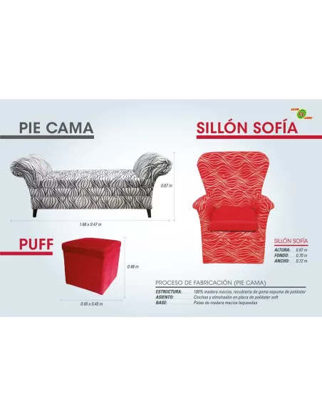PIE CAMA, PUFF y SILLON SOFIA